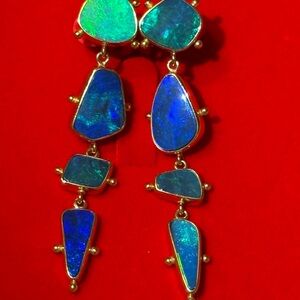 Black Opals 18 k Gold and Blue-Green Stone Earrings